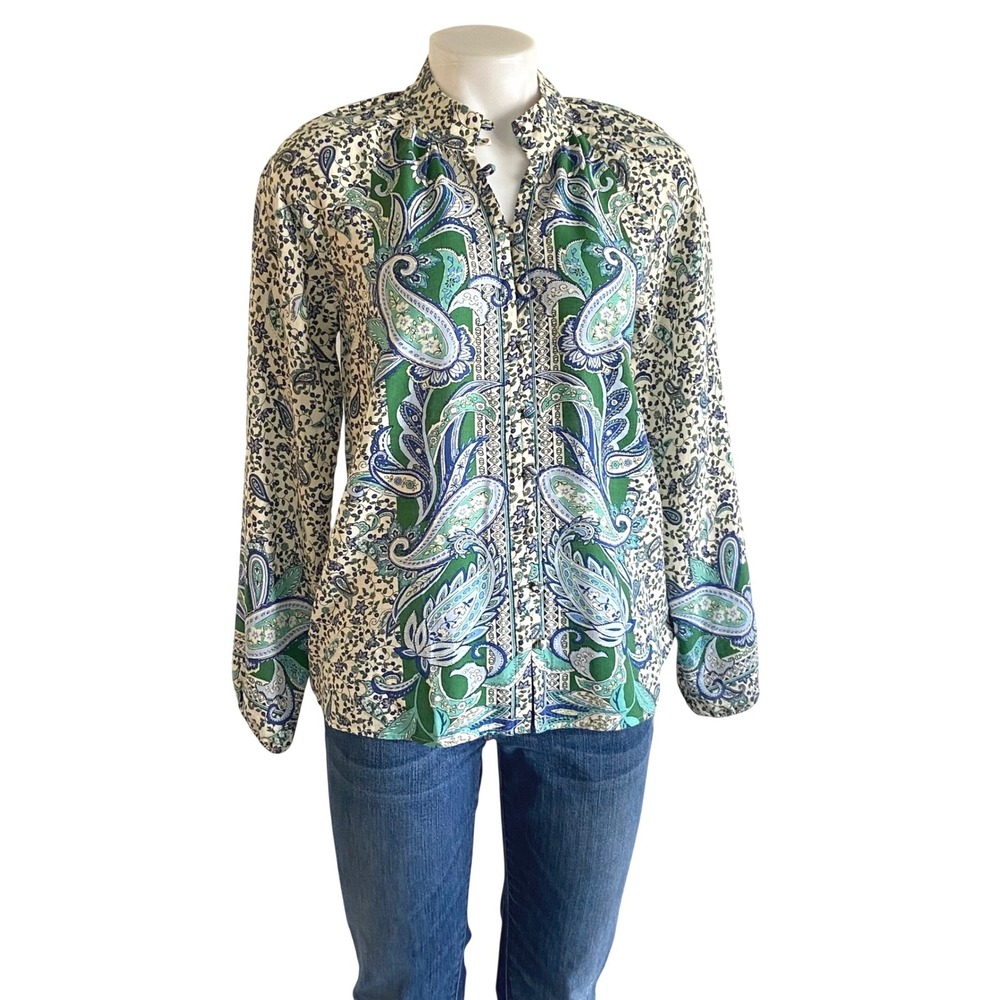 J. Jill Womens XS Paisley Print Blouse Green Blue Button Front Long Sleeve Top